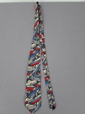 Vintage Sazzari 100% Silk Tie Classic Car Print Red Blue Made in Italy